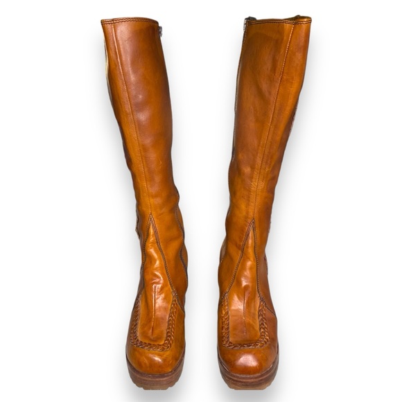 Vintage PLATFORM BOOTS Tan Leather Braided 1970s Campus Boots Size 8 - Picture 2 of 10